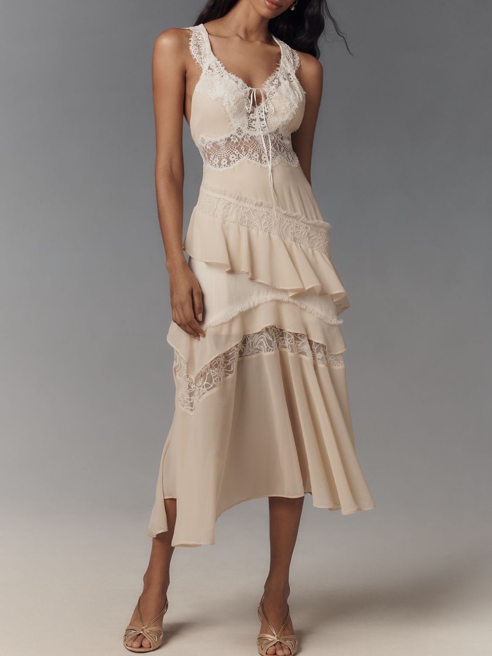 Anthropologie Cream Lace-Trim Midi Dress